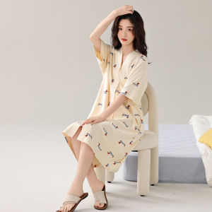 Miiow | Sweet Style Pure Cotton Short Sleeve Sleepwear Cat Woman Summer Cardigan Home Clothes Outgoing Ladies Nightgown V-neck Button-up