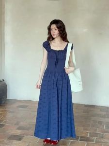 seemon | Váy Dài Phong Cách Hàn Quốc Cổ Vuông Màu Xanh Lam Tay Phồng Eo