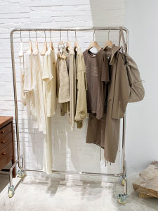 Clothing Store Display Stand Womens Clothing Store Stainless Steel Shelf Cloth Rack Floor Type Movable Clothesline Pole Silver with Wheels