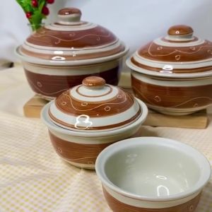 ถ้วยฝาปิด 1 เซต 4 ขนาด ceramic ชุดชามฝาปิดเซรามิก  ถ้วยเซรามิค ถ้วยซูป 4 -7 นิ้ว ลายเถาวัลย์น้ำตาล