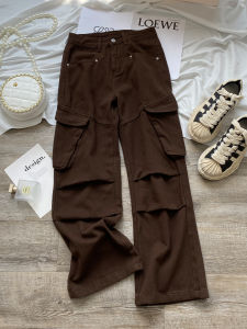High Waist Wide Leg Workwear Jeans Womens Autumn New Style Coffee Color Loose Fit Multi Pocket Straight Cut Denim Trousers