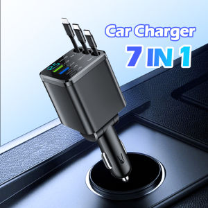 7-in-1 Retractable Car Charger Fast Charging USB Type-C Power Adapter With LED Retractable Cable for iPhone Xiaomi Samsung Huawei 可伸缩车载充电器