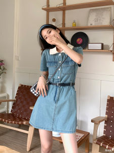 Blue Denim Short Skirt Womens Spring Summer New Style Doll Collar Short Sleeve Elegant Sweet A-Line Dress Commute Korean Style