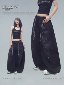 CBXLAB | Black Crystallized Double Drawstring Denim Casual Pants