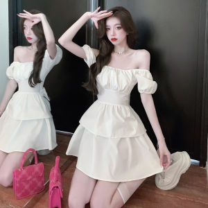 White One-Shoulder Chiffon Short-Sleeve Dress Womens Summer New Small Waist Cinched Lace Trim Short Skirt Korean Style High Waist