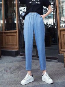 plus Size Womens Jeans High Waist Loose Harlan Pants Slimming Straight Leg Elastic Waist Faintly Plump Spring Summer Thin Denim