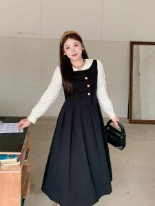 Pork Belly Is Not Meat plus Size Fake Two Pieces Long Sleeves Dress Female Fat Sister Fall and Winter French Retro Work Clothing Pleated Skirt