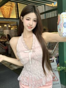 GUZILIAN | เสื้อกั๊กคอวีลูกไม้สีชมพูสำหรับผู้หญิงในช่วงฤดูร้อน เสื้อคลุมกันหนาวแบบสวมหัวทรงสลิมฟิต ทรงเข้ารูป เสื้อคลุมกันหนาวสไตล์เกาหลี