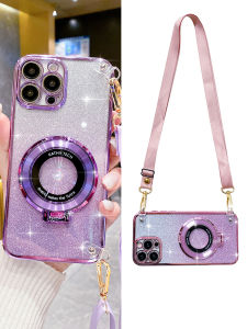 Silicone Apple 15 Case with Magnetic Stand Wireless Charging and Full Edge Protection Crossbody Strap