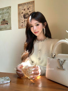 Luxury Knitted Two-Piece Set Diamond Embellished Open Cardigan And Half-Length Diamond Grid Skirt for Rich Young Women