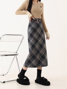 Thickened Woolen Plaid Mini Skirt Womens plus Size Spring Autumn Sweater High Waist Slimming Split Straight Tube Long Skirt