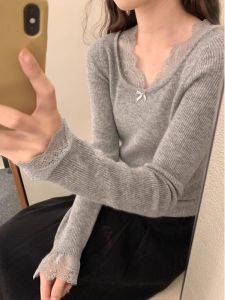 เสื้อชั้นในถักลูกไม้สีเทาสไตล์เกาหลีสำหรับผู้หญิง ทรงเข้ารูป ดีไซน์เรียบง่าย แขนยาว ปกติ คอวี ปกติ