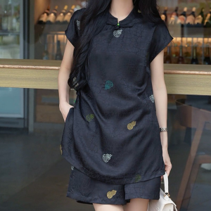 Shalldoer | Elegant Chinese Zen Style Embroidered Shirt And Shorts Set For Women Casual Button Up Stand Collar Two Piece Suit Summer 2025