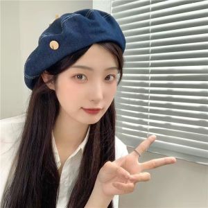 Mũ Beret Denim Xanh Thoáng Khí Cho Nữ Mũ Trùm Đầu Hình Thoi Mũ Họa Sỹ Mũ Trùm Đầu Lớn Làm Mặt Thanh Nhỏ Mũ Trùm Đầu Thoải Mái