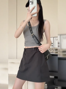 American Style Drawstring Elastic Bodycon Short Skirt For Women Double Pocket Slim Fit Skirts