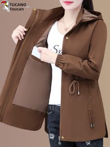 TUCANO Womens Loose Fit Hooded Jacket Fashionable Windbreaker Outerwear Mid-Length Spring Autumn Zipper Pocket Detail Polyester Fiber