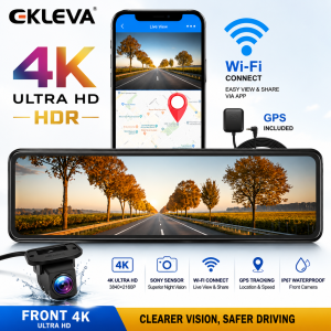EKLEVA 4K Mirror Dash Cam Backup Camera for Cars 12 Inch Full Touch Screen Rear View Front and Rear Dual Dash Cam Waterproof Reverse Camera Mirror with Parking Assistance WIFI