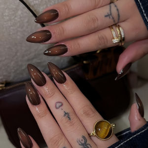 Medium fake nails for women girls gradient red brown purple colors Almond nail tips full cover press on acrylic false nail art