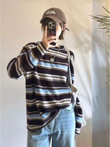 YUEZHONGWEI | Color-block Striped Knitted Sweater Top Long Sleeve Loose Innerwear
