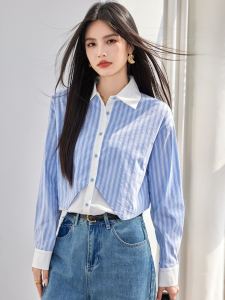 Elegant Vertical Stripe Long Sleeve Shirt Womens Fashion Design Sense Unique Patchwork Sweet Style Polyester Fiber Blouse