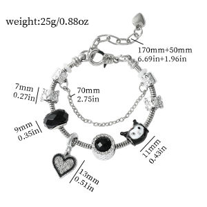 Sanrio | Kuromi DIY Charm Bracelet Zinc Alloy with Black Crystal & Rhinestone Heart Charms Adjustable Silver Bangle