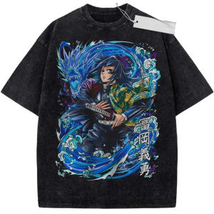 Bandai | Vintage Washed T-Shirt Demon Slayer Anime Tomioka Giyuu Print Oversized Streetwear Top Casual Daily Wear for Men Women