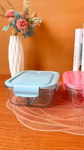 Aveline Tempat Makan Bekal Kaca Lunch Box Bersekat Anti Tumpah /Kotak Makan Siang Kaca Tahan Panas 1040 ml