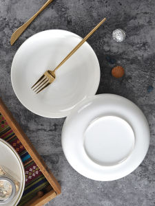 White Bone China Plate Household Dinner Plate 8-Inch Ceramic Plate round Deep Plate Pure White Soup Plate Salad Dish Meal Tray