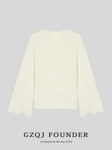 New Chinese Design round Neck Long Sleeve T-Shirt Women Early Spring GZQJ【Mugang Zhiyue】Spliced Dark Pattern Luxury Light