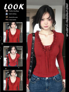Red V-Neck Lace Trim Tied Sleeved T-Shirt for Women Slim Fit