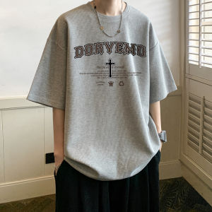 Hong Kong Style Waffle Short-Sleeved T-shirt Mens Summer New Hong Kong Style Chic Couples Tops Niche Style Cross Print T-shirt