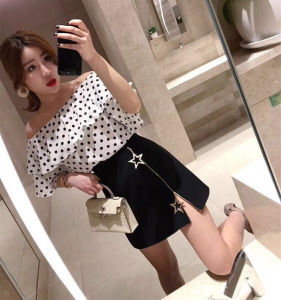 High-Waist Black Zippered A-Line Skirt for Women Plus Size Short Length Acetate Fiber Work Clothing with Chain and 3D Decoration