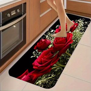 VIKAMA Hoa Hồng Đỏ Hoa Sắc Màu Sống Động Thảm Nhà Bếp Mềm Mại Trong Nhà Cho Phòng Ngủ Phòng Khách Lối Vào Thảm Chùi Chân Chống Phai Màu Có Thể Giặt Bằng Máy