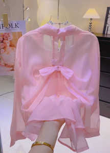 Womens Fashionable Knot Tied Thin Chiffon Sun Protection Shirt Back Butterfly Bow Pearl Snowflake Design Summer Commute Style