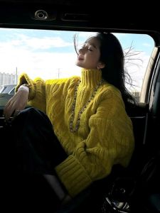 Áo Len Dệt Kim Dày Cổ Cao Màu Vàng Lông Gấu Cho Nữ Mùa Thu Đông Áo Len Cardigan Cổ Tròn Ôm Vừa Vặn Thoải Mái