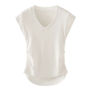 La Chapelle Pleated V-neck Aircraft Sleeve Vest T-shirt Female Summer Fashion Slim Fit Slimming Top