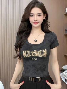 Summer Letter Print U-Neck Short Sleeve T-Shirt