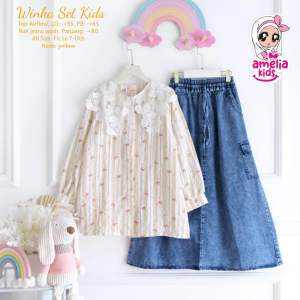 [[ New Arrival ]] Setelan Baju Muslim Anak Perempuan Kemeja Dan Rok Jeans Winka Set Kids by Amelia Setrok Anak Motif Lucu Oneset Anak Usia 8-13 Tahun Outfit Anak Model Terbaru