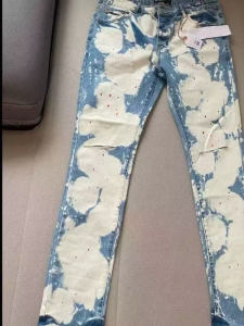 Trendy Mens Slim Fit Jeans Distressed Ink Splashed American Style High Street Casual Wear Polyester Cotton Blend Breathable