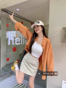 Orange Thin Model Sun Protection Shirt Womens Autumn Korean Style Chic Long Sleeves Shirt Loose Casual Mid Length Long Length Chic Tops