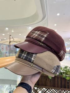 Warm Woolen Plaid Newsboy Caps for Women Autumn Winter Seasonal Wide Brim Face Slimming Metal Buckle Retro Style Adjustable Size