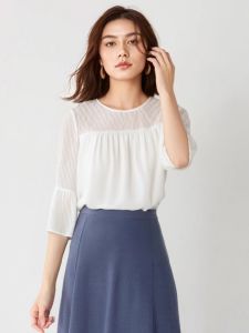 Black and White 3/4 Flare Sleeve Chiffon Shirt Patchwork Printed Mesh Tops Western Style Classy Summer European Shirt Women