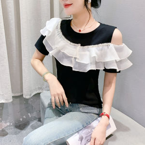 YIMEI Beautiful cotton womens contrasting T-shirt popular summer design in 2024 with a unique and unique ruffled edge off the shoulder top