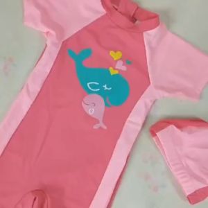 Girls Rash Guards Kids One Piece Swimsuit Pink Patchwork Swimming Wear for Children with Swim Cap Infant Short Sleeve Beachwear