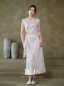 JK&JS | Chinese Style Embossed Floral Print Waist-Tying Dress