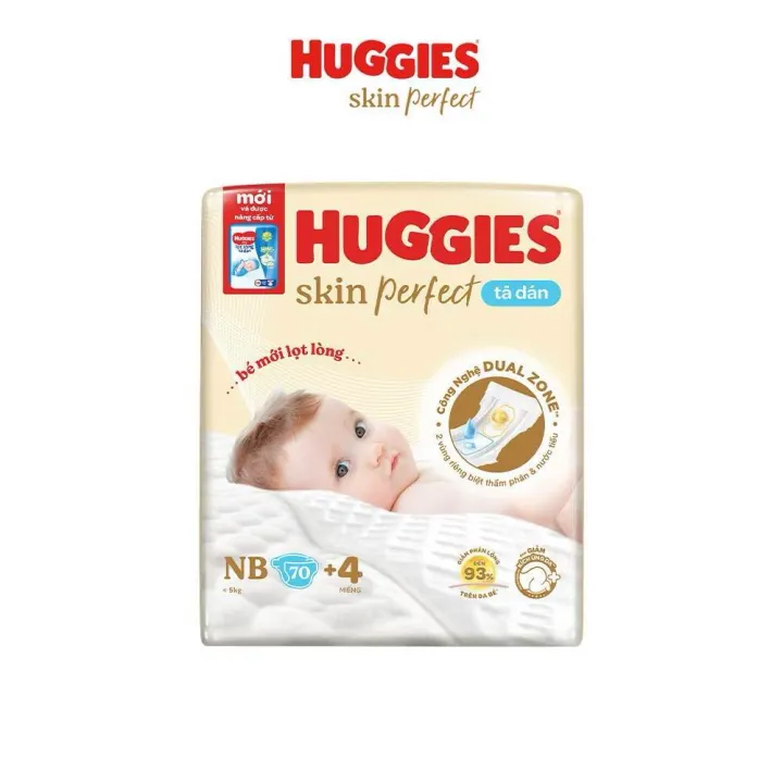 Tã/Bỉm Dán Sơ Sinh Huggies Skin Perfect NB/S với 2 Vùng Thấm Giảm Kích Ứng Da