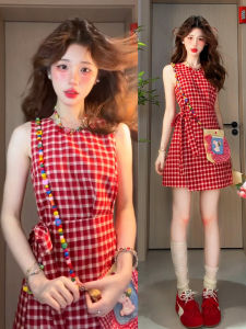 Y6Y | Đầm Hè Ngắn Tay Không Tay Kiểu Caro Màu Đỏ