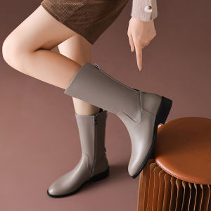 Low Heel Medium Tube Boots Womens Large Size Match All Black round Head Leather Inner And Outer Fleece Lined Half Boot