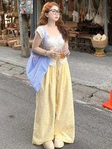 Dopamine Yellow Thin Wide Leg Pants Womens High Waist Straight Cut Summer 2025 New Design Polka Dot Casual Trousers