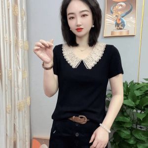 Womens T-shirt Fashion Summer Solid Color Temperament Lace Collar Short Sleeved Top